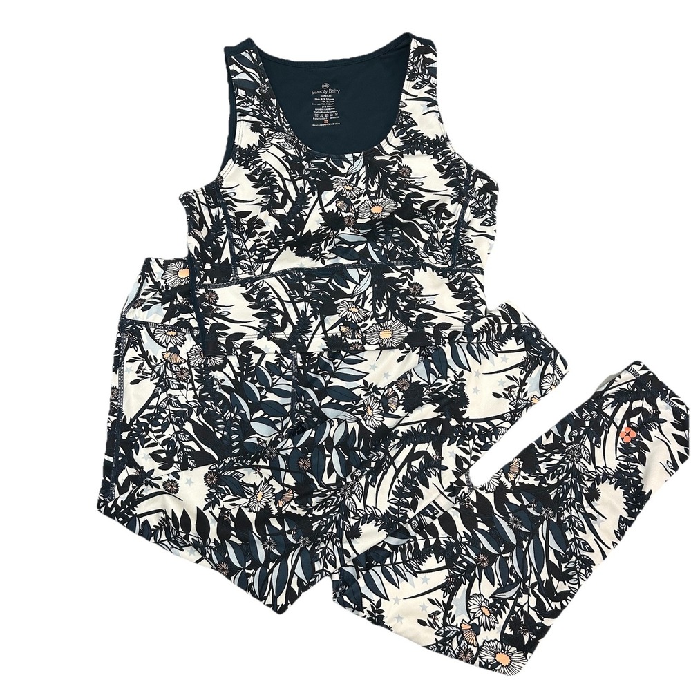 Sweaty Betty Womens XS Navy Floral Cream Activewear Set Crop Tank Leggings